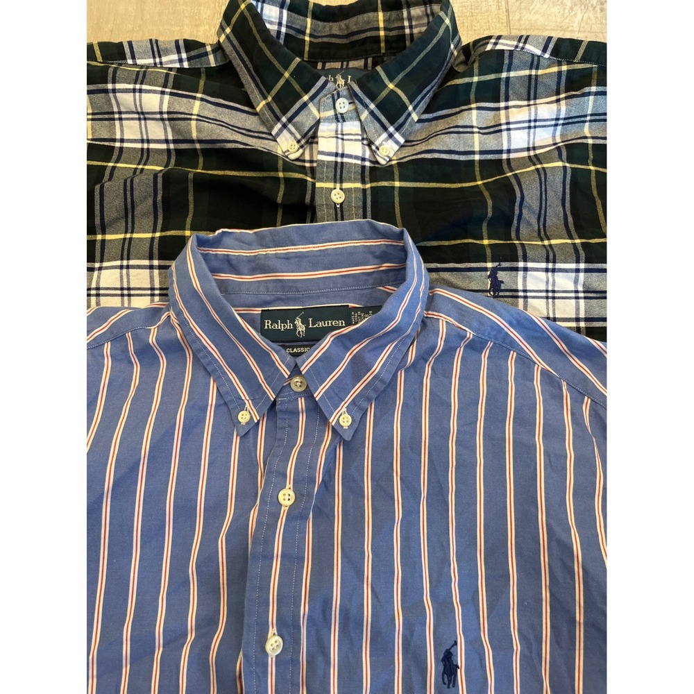 Ralph Lauren Mens Classic Fit Button Down Shirt Lot 2 Blue Stripe Green Plaid 18